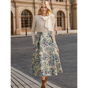 Chicwish Brocade Midi Skirt L Gold‎ Purple Floral Jacquard A-Line 33" Length